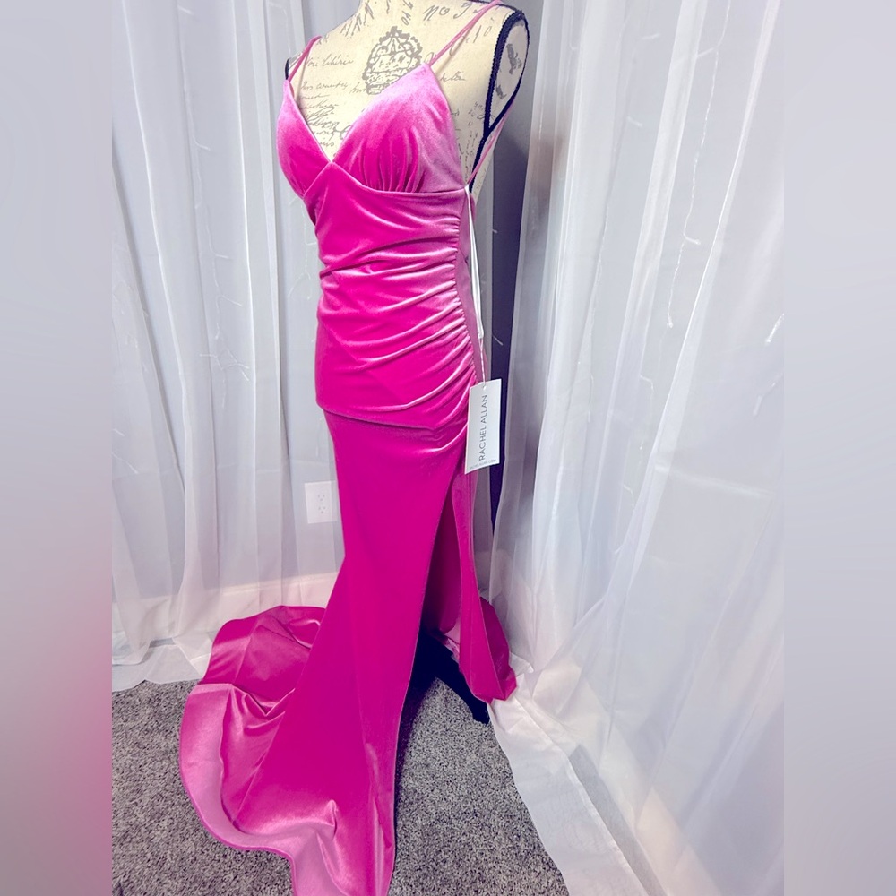 New with tags Rachel Allan size 2 pink velvet with side slit gown